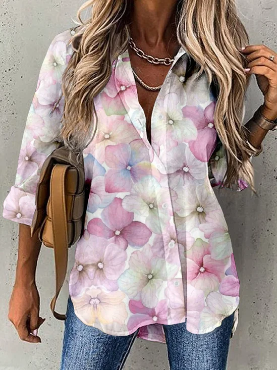 Pink floral printed casual women's shirt