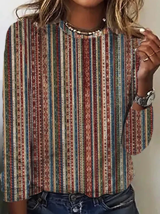 Casual Crew Neck Loose Ethnic T-Shirt