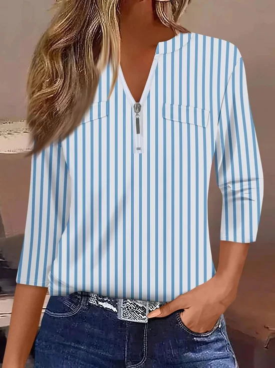 Striped Zipper Casual T-Shirt