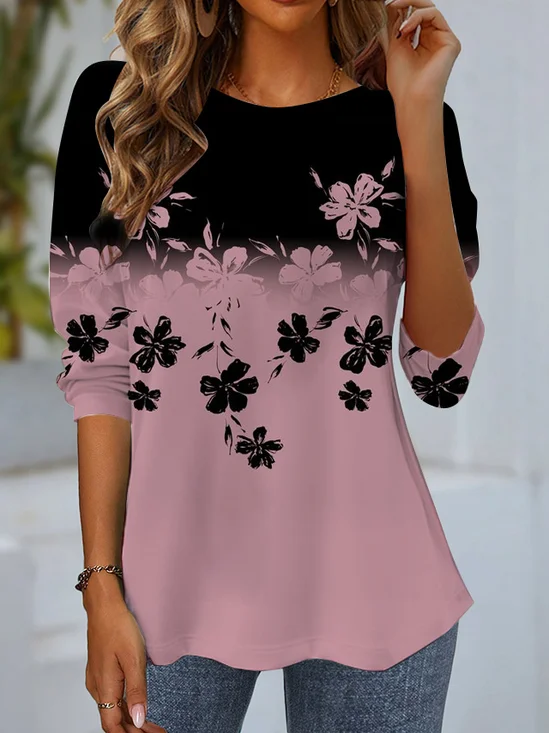 Women's Long Sleeve T-shirt Spring/Fall Black Floral Jersey Crew Neck Daily Going Out Casual Top