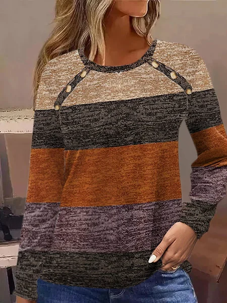 Women's Color Block Buckle Knitted Crew Neck Casual Top