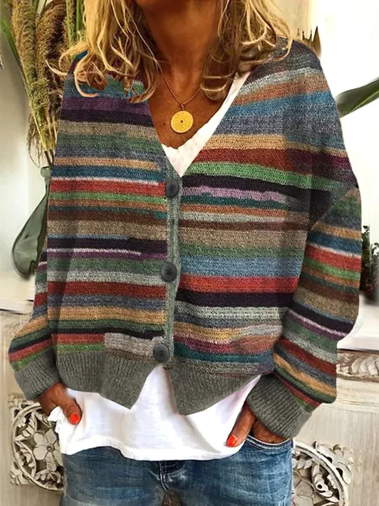 Buckle Casual V Neck Abstract Stripes Cardigan