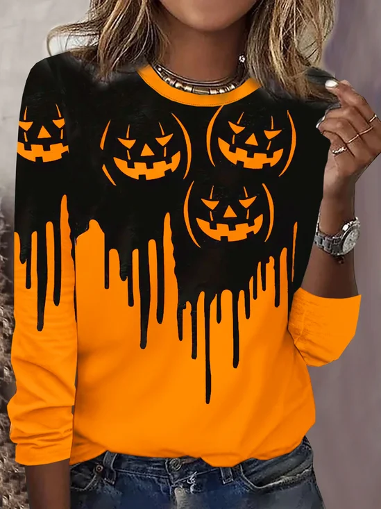 Halloween Pumpkin Printed Round Neck Casual Women's T-shirt