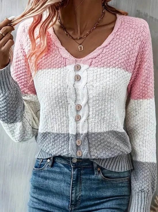 Color Block Casual Buckle V Neck Sweater