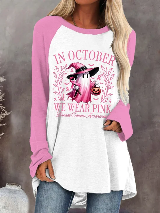 Women's In October We Wear Pink Halloween Ghost Breast Cancer Awareness Warrior Long-Sleeve Shirt