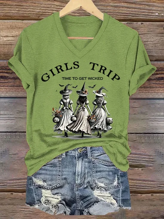 Women's Funny Halloween Witch Girls Trip Time To Get Wicked Casual V-Neck T-Shirt