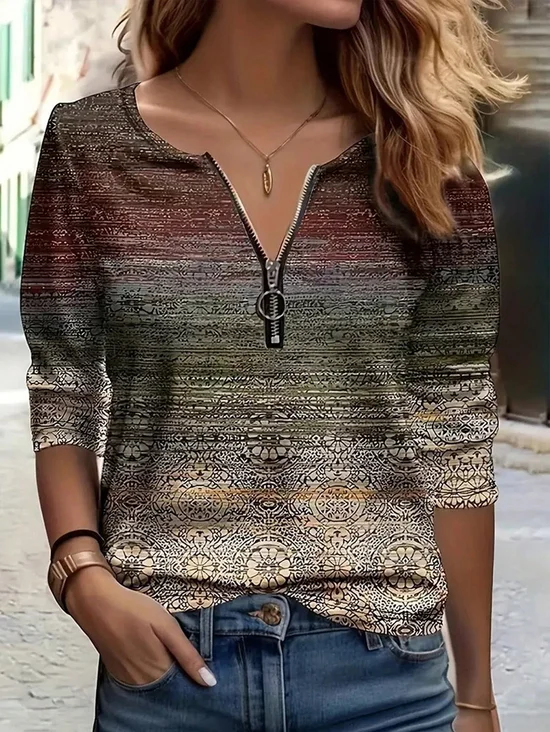 Casual Jersey Zipper Geometric Blouse