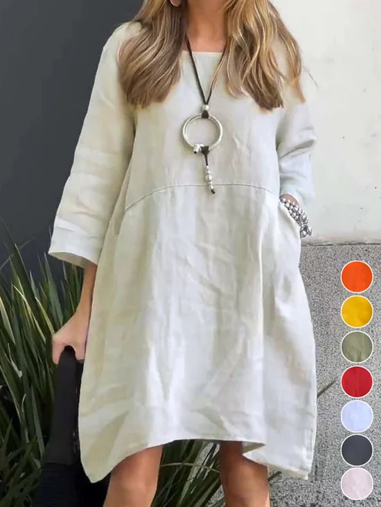 Loose Casual Cotton And Linen Plain Sweashirt Dress