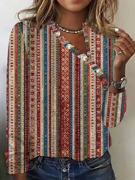 Ethnic Design Button Down Casual Top