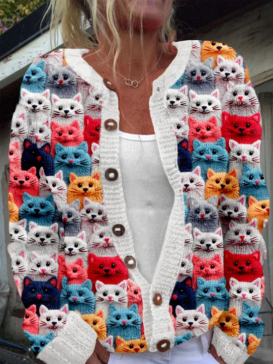 Fashionable multi-color cat round neck button knit sweater
