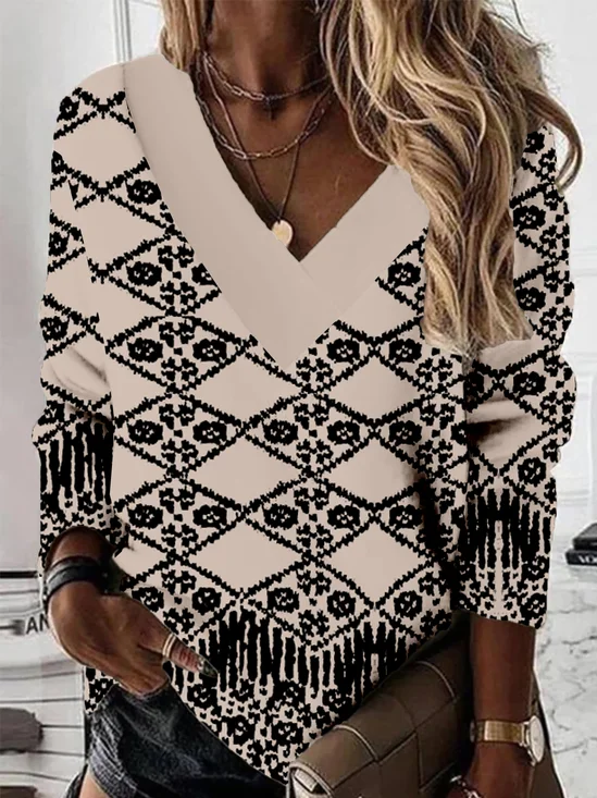 Vintage Boho Ethnic V Neck Loose Sweatshirt