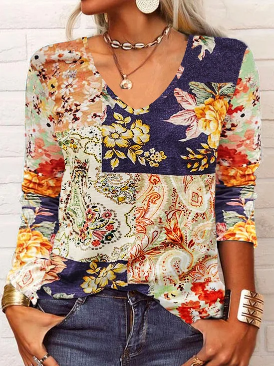 Hippie Floral Casual Loose V Neck T-Shirt