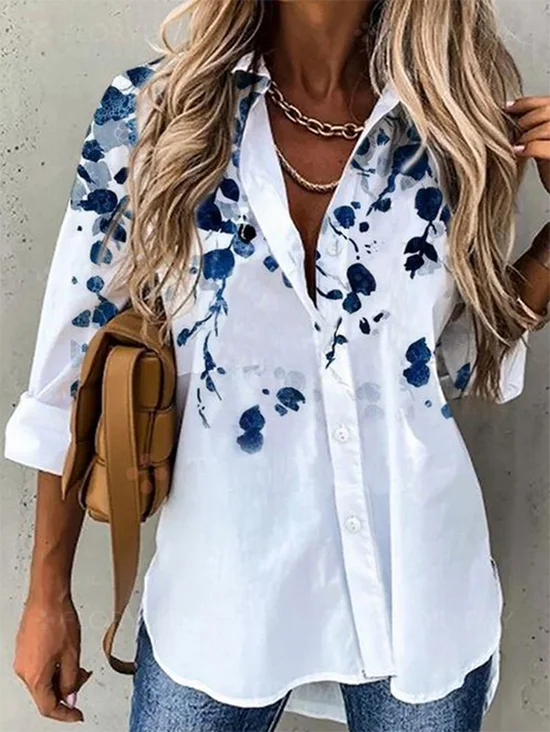 Long Sleeve Floral-Print Shirt Collar Casual Blouse