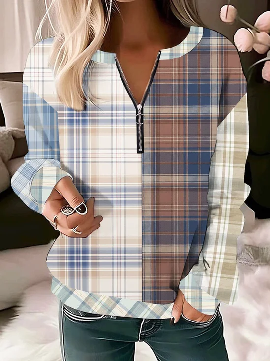 Plaid printed casual zipper pullover sweatshirt