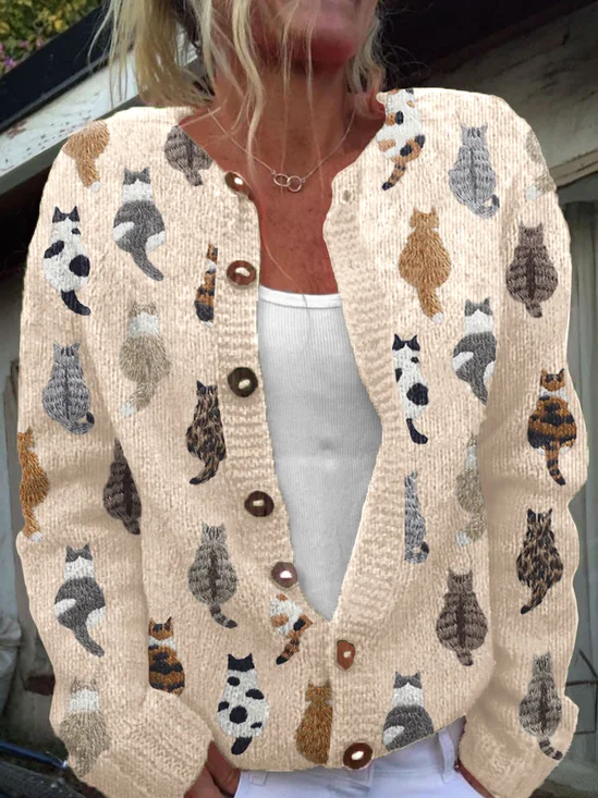 Cat round neck button knit sweater