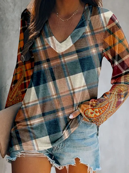 Vintage Plaid V Neck Loose T-Shirt