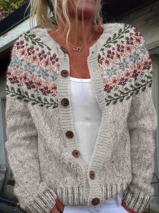 Vintage floral art button sweater