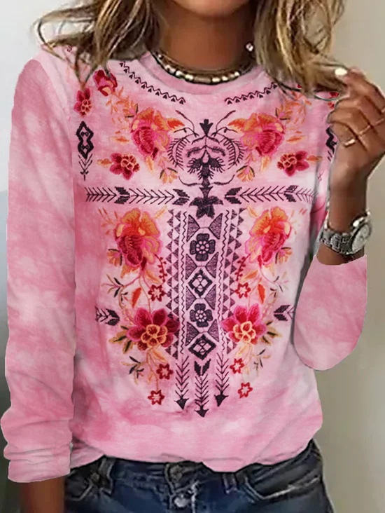 Hippie Crew Neck Casual Floral T-Shirt