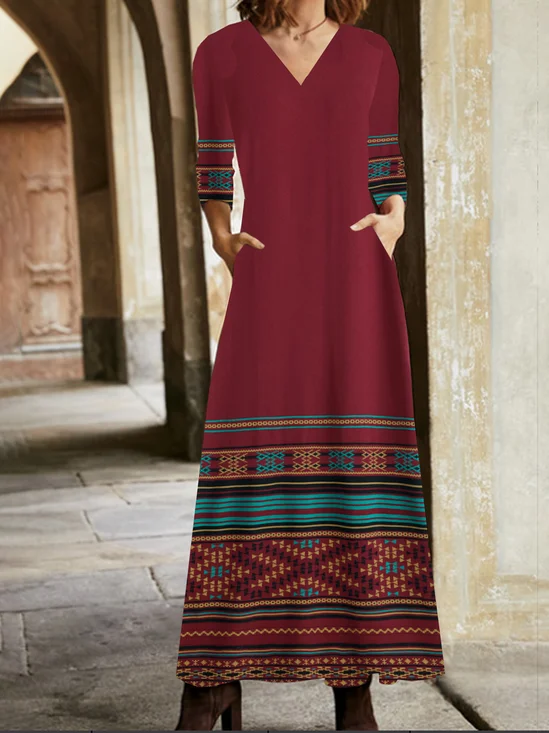 Ethnic Regular Fit V Neck Vintage Dress