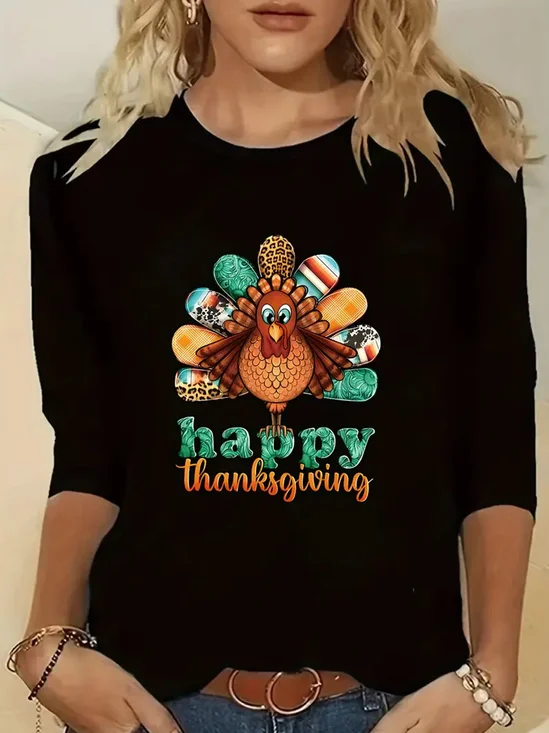 Interesting turkey and Thanksgiving printed long sleeved round neck T-shirt