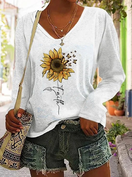 Sunflower Butterfly Printed Round Neck T-shirt