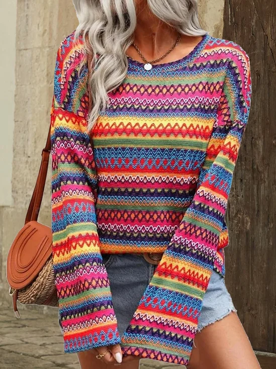 Casual Crew Neck Loose Multicolor Block Blouse