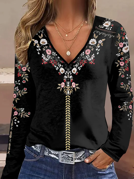 Ethnic pattern printed casual V-neck women's T-shirt