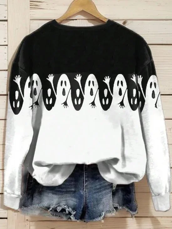 Halloween ghost print casual round neck pullover sweatshirt