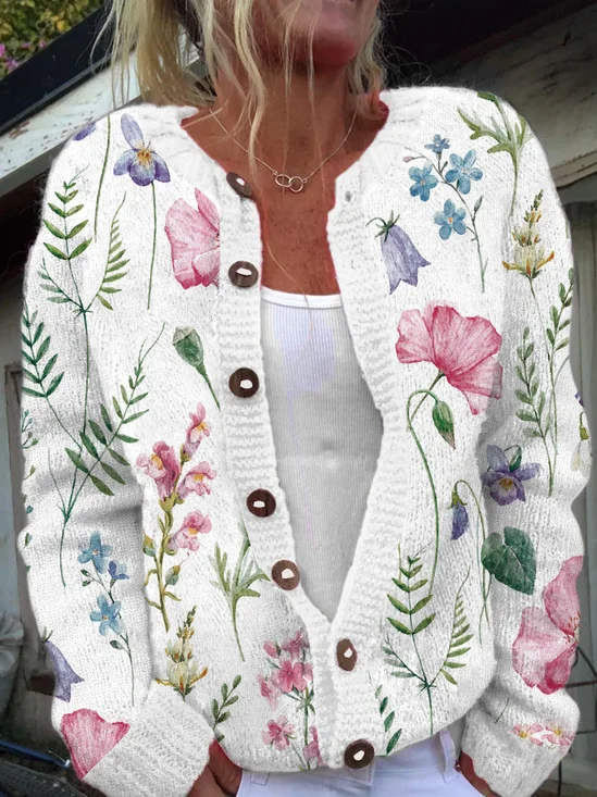 Floral Crew Neck Plants Casual Cardigan