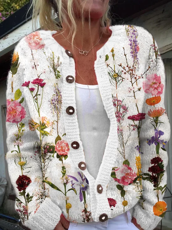 Casual Crew Neck Plants Floral Knitted Cardigan