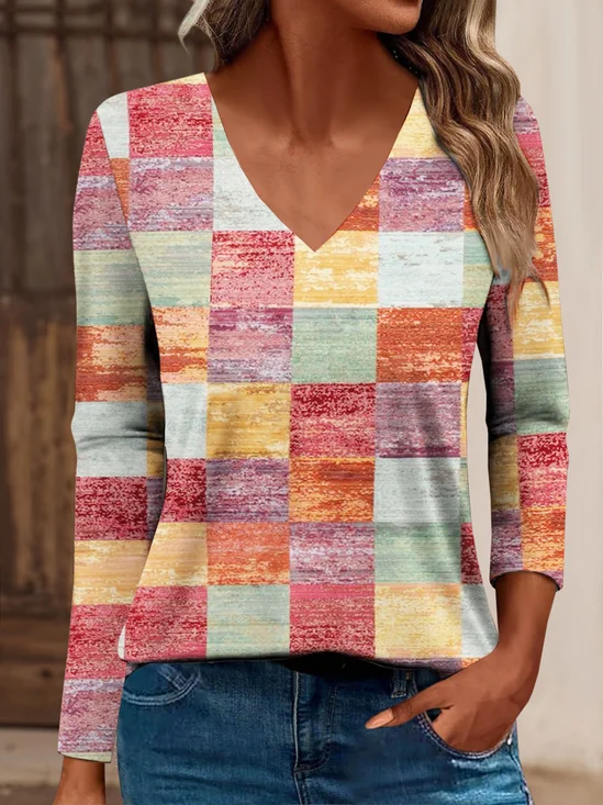 Colorful plaid printed V-neck casual women's T-shirt