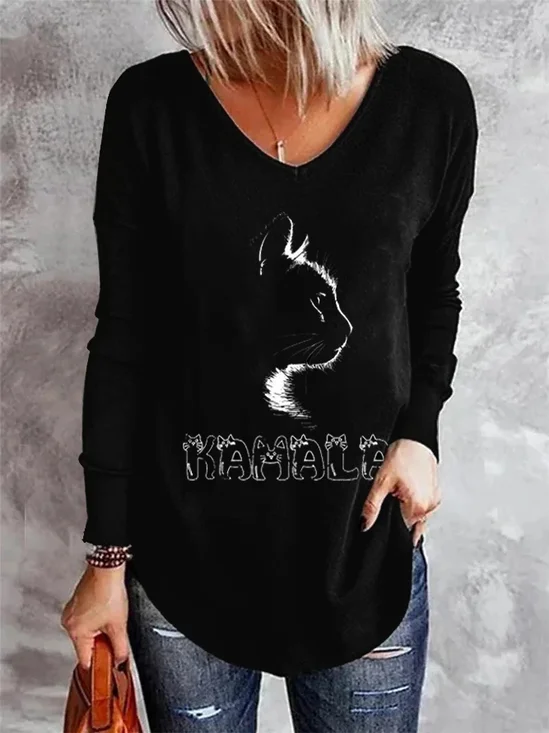 V Neck Cat Casual Loose T-Shirt