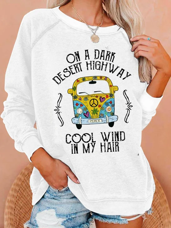 Hippie style car printed casual women's round neck sportswear
