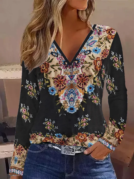 Hippie Floral Regular Fit Casual V Neck T-Shirt