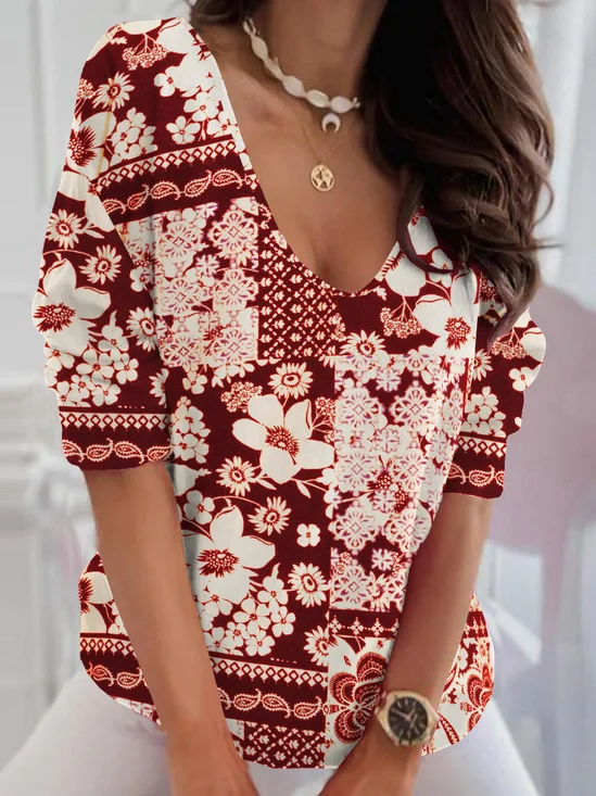 Hippie Jersey Floral Casual Loose T-Shirt