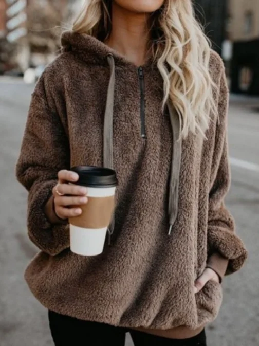 Plain Casual Hoodie Zipper Sweatshirt