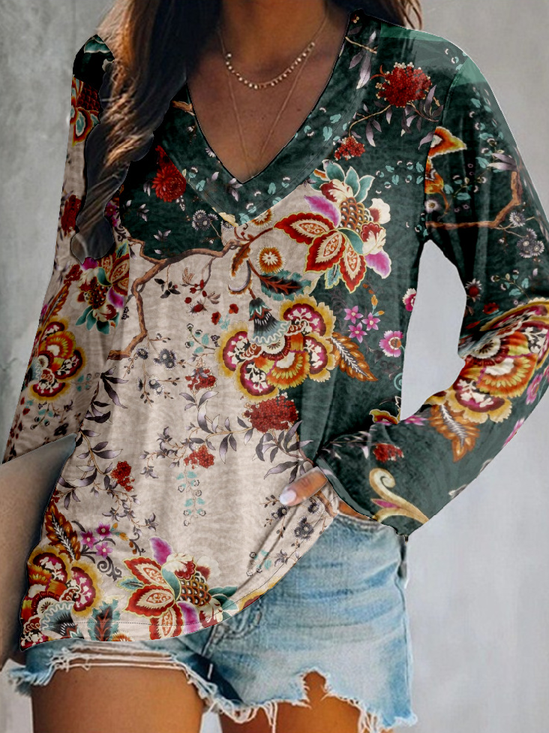 Hippie V Neck Loose Vintage Floral T-Shirt