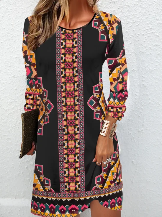 Ethnic pattern printed casual round neck dress