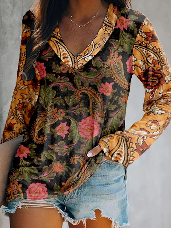 Hippie Contrast Stitching Loose V Neck Vintage T-Shirt