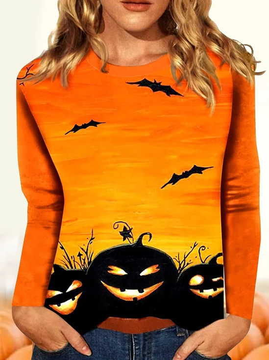 Halloween Pumpkin Round Neck Long Sleeve Women's T-shirt