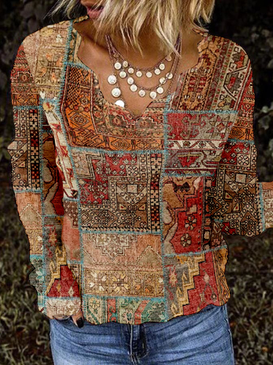 Hippie Nationality/Ethnic Jersey Vintage V Neck T-Shirt