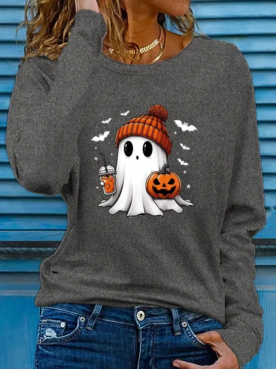 Cute ghost print long sleeved round neck casual T-shirt
