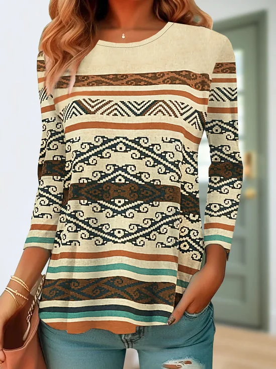 Ethnic pattern printed round neck women's T-shirt