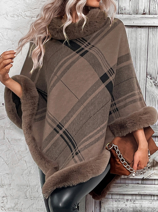 Yarn/Wool Yarn Elegant Plaid Fur Collar Cloak