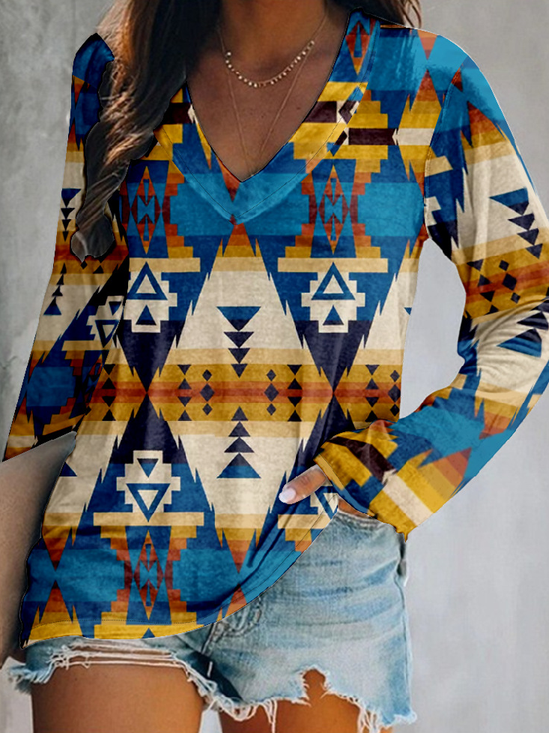 Hippie Vintage V Neck Ethnic Geometry T-Shirt