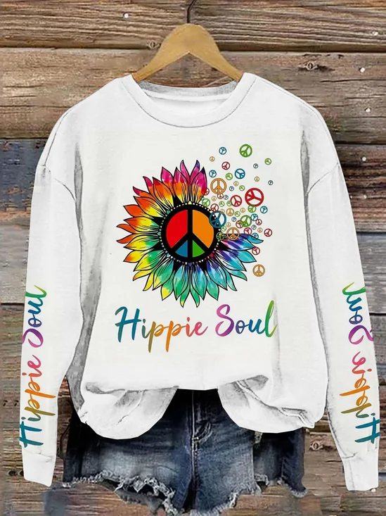 Hippie Soul Peace Logo Printed Casual Round Neck Women's Hooded Sweatshirt