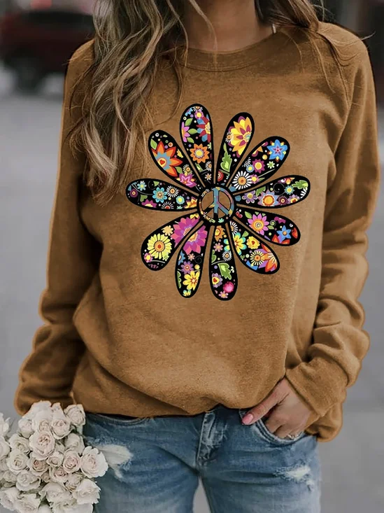 Hippie Floral Peace Loose Casual Sweatshirt