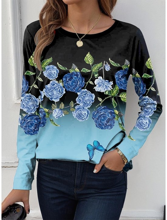 Women's Long Sleeve T-shirt Spring/Fall Black Floral Jersey Crew Neck Daily Going Out Casual Top