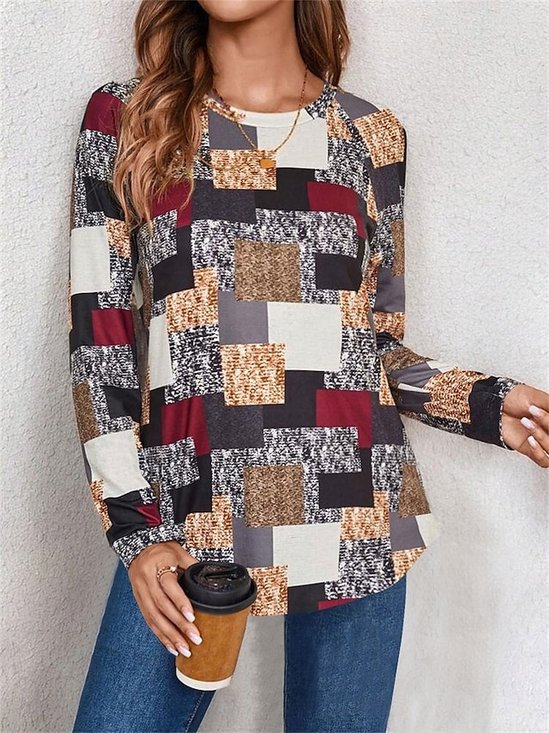 Women's Long Sleeve T-shirt Spring/Fall Black Geometric Jersey Crew Neck Daily Going Out Casual Top