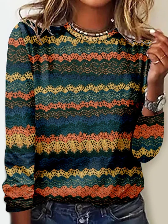 Casual Abstract Stripes Crew Neck T-Shirt